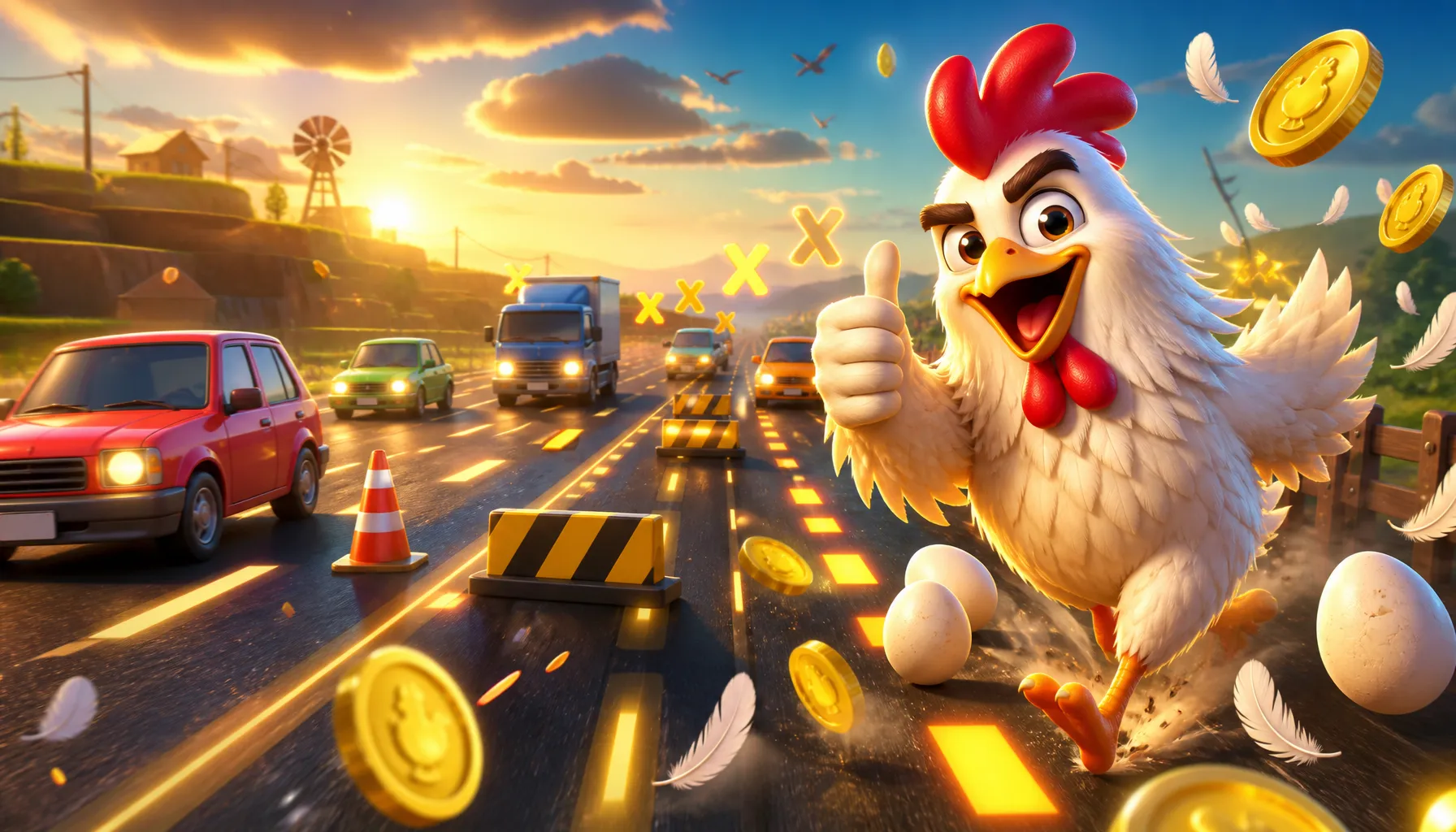 3D chicken crossing multi-lane road with traffic, eggs, and coins, dynamic and colorful game theme