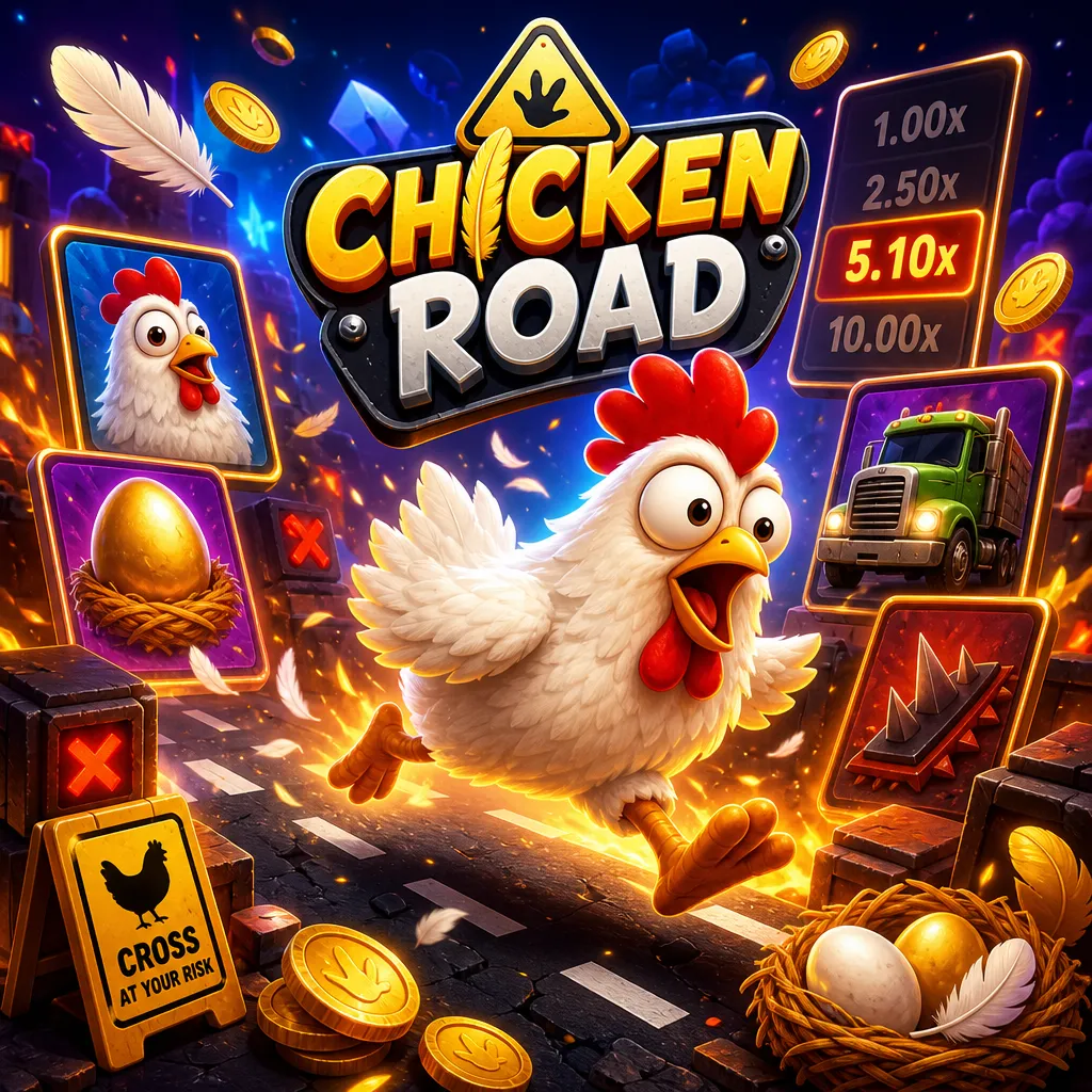 Square promo image for Chicken Road slot game featuring a funny chicken on a road with bright colors and playful graphics